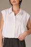 Off White Extended Shoulder Cap Sleeve Button Front Hidden Placket Collar Bubble Hem Woven Top
