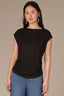 Black Extended Shoulder Cap Sleeve Scoop Neck Asymmetrical Pleating Knit Top