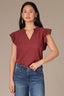 Apple Butter Flutter Sleeve Crochet Trim Ruffle Edge Split V-Neck Woven Top
