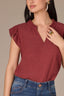 Apple Butter Flutter Sleeve Crochet Trim Ruffle Edge Split V-Neck Woven Top
