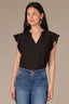 Black Cap Flutter Sleeve Crochet Trim Ruffle Edge Split V-Neck Woven Top
