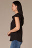 Black Cap Flutter Sleeve Crochet Trim Ruffle Edge Split V-Neck Woven Top
