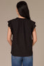 Black Cap Flutter Sleeve Crochet Trim Ruffle Edge Split V-Neck Woven Top
