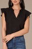 Black Cap Flutter Sleeve Crochet Trim Ruffle Edge Split V-Neck Woven Top
