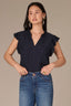 Navy Flutter Sleeve Crochet Trim Ruffle Edge Split V-Neck Woven Top