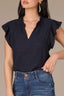 Navy Flutter Sleeve Crochet Trim Ruffle Edge Split V-Neck Woven Top