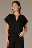 Black Extended Shoulder Cap Sleeve Front Center Seam Round V-Notch Neck Banded Hem Petite Knit Sweatshirt 