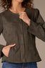 Laurel Wreath Long Puff Slit Sleeve Collarless Hidden Snap Front Round Neck Breast Side Pocket Seaming Peplum Hem Woven Jacket