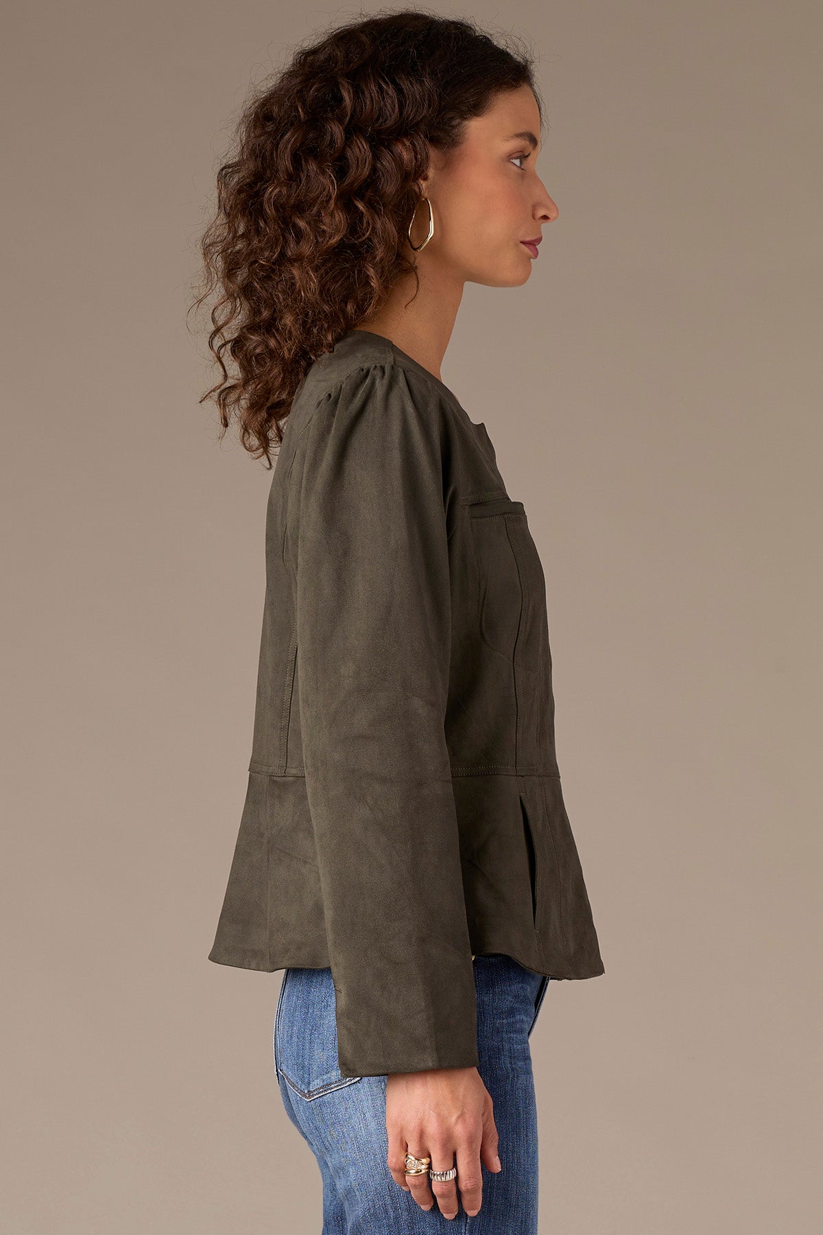 Long Sleeve Collarless Puplum Hem Woven Jacket with Hidden