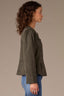 Laurel Wreath Long Puff Slit Sleeve Collarless Hidden Snap Front Round Neck Breast Side Pocket Seaming Peplum Hem Woven Jacket