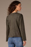 Laurel Wreath Long Puff Slit Sleeve Collarless Hidden Snap Front Round Neck Breast Side Pocket Seaming Peplum Hem Woven Jacket