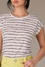 Black Print Stripe Extended Shoulder Cap Sleeve Stripe Print Scoop Neck Side Slit Hem Knit Top