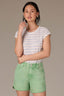 Chambray Blue Print Stripe Extended Shoulder Cap Sleeve Stripe Print Scoop Neck Side Slit Hem Petite Knit Top