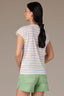 Chambray Blue Print Stripe Extended Shoulder Cap Sleeve Stripe Print Scoop Neck Side Slit Hem Petite Knit Top