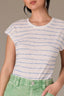 Chambray Blue Print Stripe Extended Shoulder Cap Sleeve Stripe Print Scoop Neck Side Slit Hem Knit Top