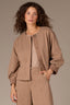 Peanut Butter Multi Three Quarter Barrel Pleated Sleeve Hidden Snap Placket Round Button Neck Cropped Hem Knit Jacket