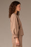 Peanut Butter Multi Three Quarter Barrel Pleated Sleeve Hidden Snap Placket Round Button Neck Cropped Hem Knit Jacket