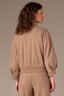Peanut Butter Multi Three Quarter Barrel Pleated Sleeve Hidden Snap Placket Round Button Neck Cropped Hem Knit Jacket