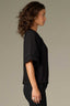 Black Elbow Raglan Bell Sleeve Shirred Scoop Neck Keyhole Back Pintucking Slit Hem Woven Top
