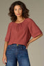 Mahogany Red Elbow Raglan Bell Sleeve Shirred Scoop Neck Keyhole Back Pintucking Slit Hem Woven Top
