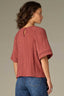 Mahogany Red Elbow Raglan Bell Sleeve Shirred Scoop Neck Keyhole Back Pintucking Slit Hem Petite Woven Top
