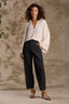 Antique Cloth Long Romantic Double Ruffle Flutter Sleeve Split V-Neck Button Keyhole Front Center Seam Placket Round Hem Woven Top with Black Brown Multi Contour Shape Technology Ultra Skyrise Angled Dart Seam Patch Pocket Pleated Relaxed Barrel Leg Trouser