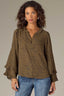 Olive Tapenade Navy Animal Long Romantic Double Ruffle Flutter Sleeve Split V-Neck Button Keyhole Front Center Seam Placket Round Hem Petite Woven Top