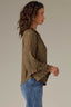 Olive Tapenade Navy Animal Long Romantic Double Ruffle Flutter Sleeve Split V-Neck Button Keyhole Front Center Seam Placket Round Hem Woven Top