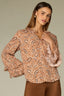 Pecan Multi Long Romantic Double Ruffle Flutter Sleeve Split V-Neck Button Keyhole Front Center Seam Placket Round Hem Petite Woven Top
