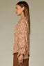 Pecan Multi Long Romantic Double Ruffle Flutter Sleeve Split V-Neck Button Keyhole Front Center Seam Placket Round Hem Woven Top