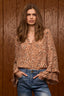 Pecan Multi Long Romantic Double Ruffle Flutter Sleeve Split V-Neck Button Keyhole Front Center Seam Placket Round Hem Woven Top