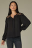 Black Long Sleeve Round Neck Button Front Lace Inset Yoke Woven Top