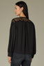 Black Long Sleeve Round Neck Button Front Lace Inset Yoke Woven Top