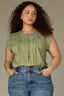 Basil Extended Shoulder Cap Sleeve Hidden Button Down Placket Crochet Trim Pleated Back Yoke Round Stand Collar Mixed Media Plus Size Woven Top