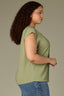 Basil Extended Shoulder Cap Sleeve Hidden Button Down Placket Crochet Trim Pleated Back Yoke Round Stand Collar Mixed Media Plus Size Woven Top