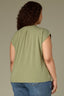 Basil Extended Shoulder Cap Sleeve Hidden Button Down Placket Crochet Trim Pleated Back Yoke Round Stand Collar Mixed Media Plus Size Woven Top