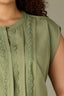 Basil Extended Shoulder Cap Sleeve Hidden Button Down Placket Crochet Trim Pleated Back Yoke Round Stand Collar Mixed Media Plus Size Woven Top