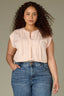 Pale Peach Extended Shoulder Cap Sleeve Hidden Button Down Placket Crochet Trim Pleated Back Yoke Round Stand Collar Mixed Media Plus Size Woven Top