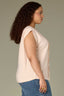 Pale Peach Extended Shoulder Cap Sleeve Hidden Button Down Placket Crochet Trim Pleated Back Yoke Round Stand Collar Mixed Media Plus Size Woven Top
