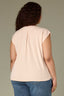 Pale Peach Extended Shoulder Cap Sleeve Hidden Button Down Placket Crochet Trim Pleated Back Yoke Round Stand Collar Mixed Media Plus Size Woven Top