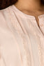 Pale Peach Extended Shoulder Cap Sleeve Hidden Button Down Placket Crochet Trim Pleated Back Yoke Round Stand Collar Mixed Media Plus Size Woven Top