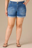 Mid Blue Vintage Denim High Rise Double Front Pocket Frayed Roll Cuff Hem Contour Shape Technology Plus Size Short