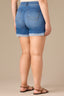 Mid Blue Vintage Denim High Rise Double Front Pocket Frayed Roll Cuff Hem Contour Shape Technology Plus Size Short
