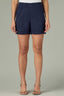 Navy Skyrise Elastic Pull-OIn Banded Waist Faux Fly Patch Pocket Angled Dart Seam Petite Short