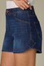 Indigo Denim Contour Shape Technology Skyrise V-Yoke Dart Seams Angled Pocket Rounded Surplus Hem Dolphin Short