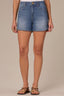 Mid Blue Artisanal Denim Contour Shape Technology Skyrise Surplus Hem Faded Whiskering V-Yoke Dart Seam Dolphin Short