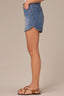 Mid Blue Artisanal Denim Contour Shape Technology Skyrise Surplus Hem Faded Whiskering V-Yoke Dart Seam Dolphin Short