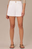 Optic White Denim Contour Shape Technology Skyrise Surplus Hem Faded Whiskering V-Yoke Dart Seam Dolphin Short