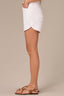 Optic White Denim Contour Shape Technology Skyrise Surplus Hem Faded Whiskering V-Yoke Dart Seam Dolphin Short