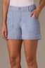 Horizon Blue High Rise Double Pocket Fray Hem Dart Seam Contour Shape Technology Short